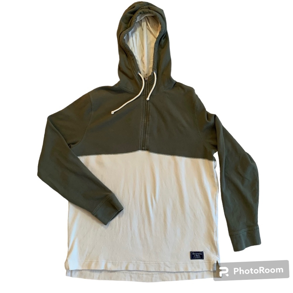 Abercrombie & Fitch Mens Hoodie Large 1/4 Zip Green & Beige Hooded Sweatshirt